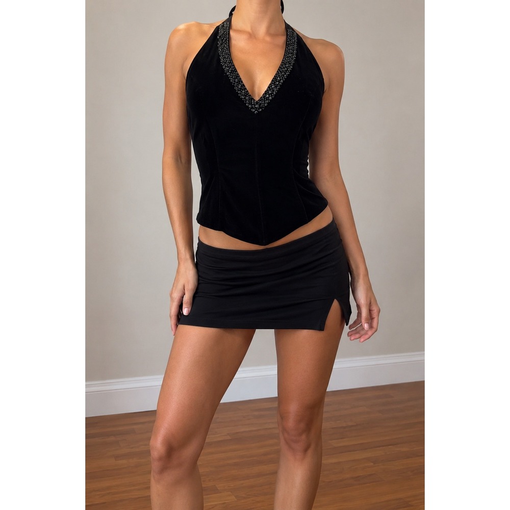 Y2K Black Velvet Beaded Halter Corset Top Small Whimsigoth Going Out Party VTG